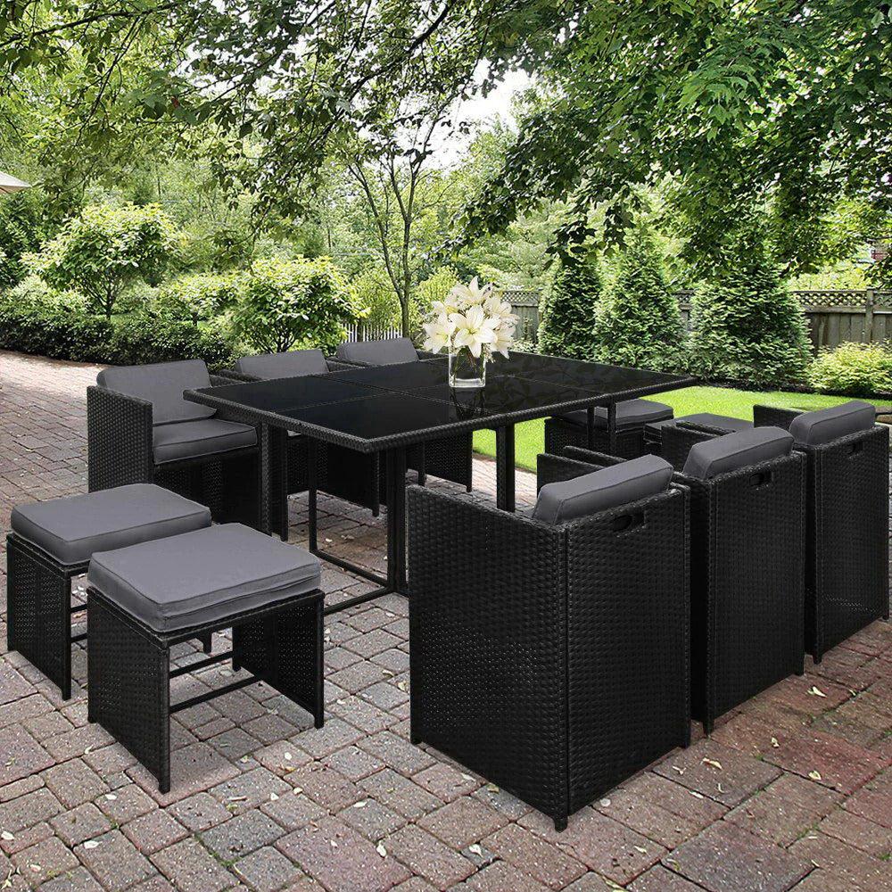 Caribbean 11 Piece Outdoor Dining Set - Black with Grey Seat Cushions