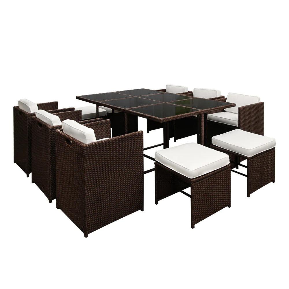 Caribbean 11 Piece Outdoor Dining Set - Brown with White Seat Cushions