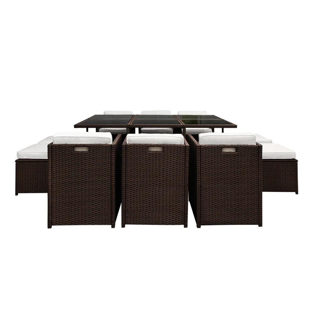 Caribbean 11 Piece Outdoor Dining Set - Brown with White Seat Cushions