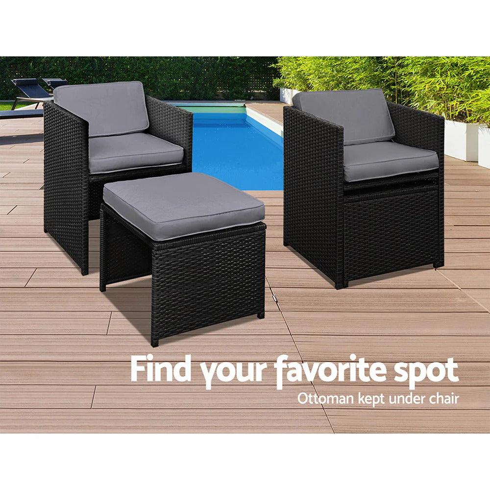 Caribbean 11 Piece Outdoor Dining Set - Black with Grey Seat Cushions