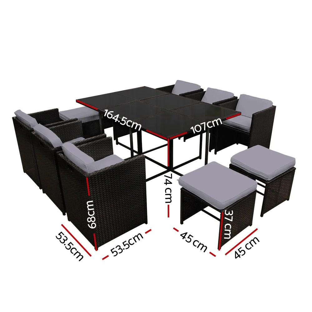 Caribbean 11 Piece Outdoor Dining Set - Black with Grey Seat Cushions