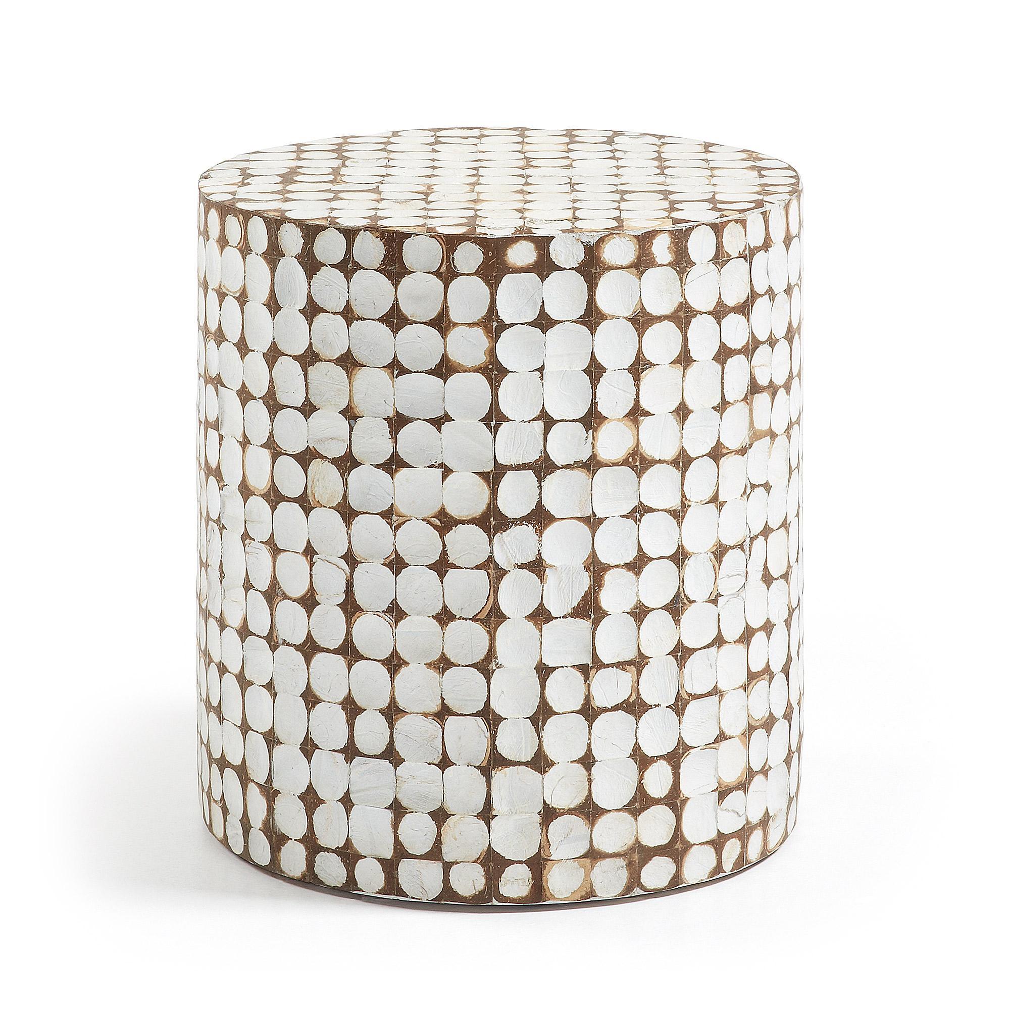 Tropic Handmade Mosaic Coconut Shell Stool Side Table - White & Natural